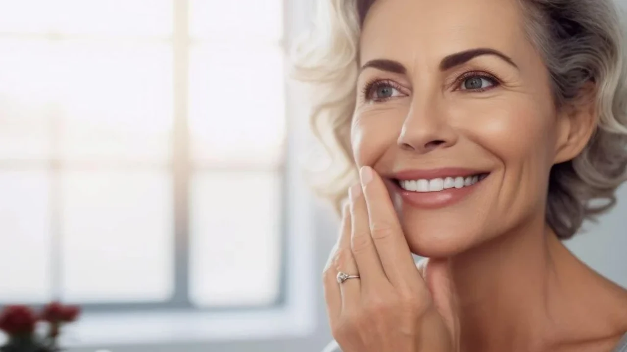 Close up on a plate of mashed potatoes, topped with baked pork chops with cream of mushroom soup, and a side of green beans.